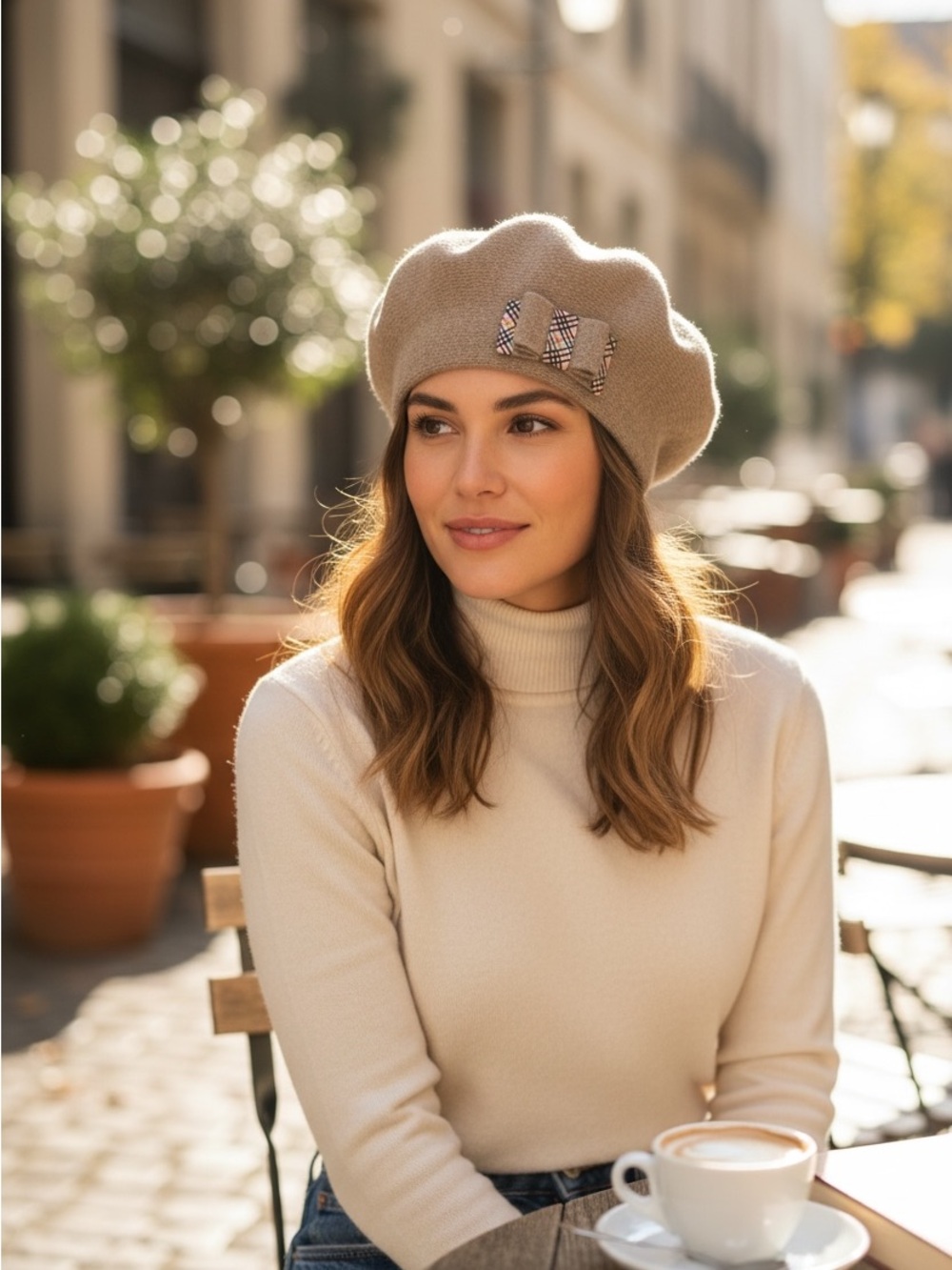 Neutral Beige Knit Beret with Plaid Bow Detail